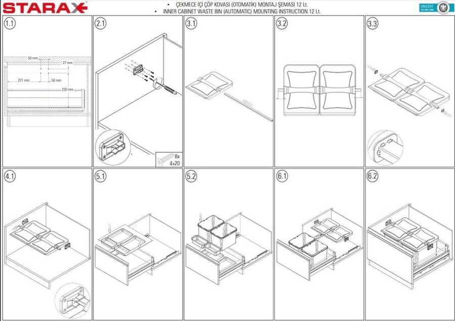 Starax S-2545-G Çekmece İçi Çöp Kovası 70cm (Oto.Kapak)12+12+1+1 lt.Gri