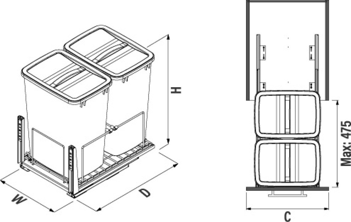 Starax S-2594-A Zemin Bağlantılı Gizli Raylı Çöp Kovası 35+35 Litre 45cm