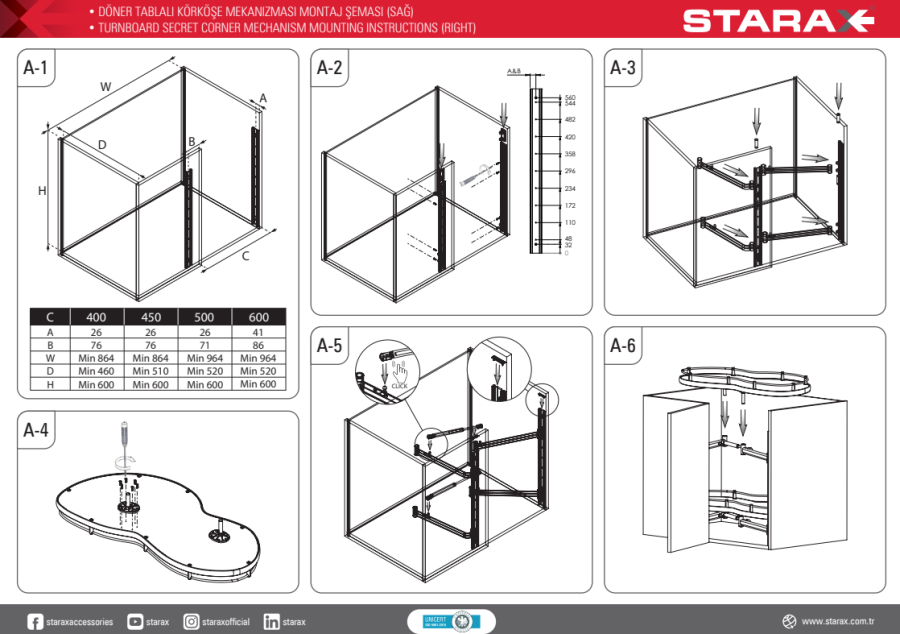 Starax S-3014-A Döner Tablalı Körköşe Mekanizması Sağ 45 cm Antrasit