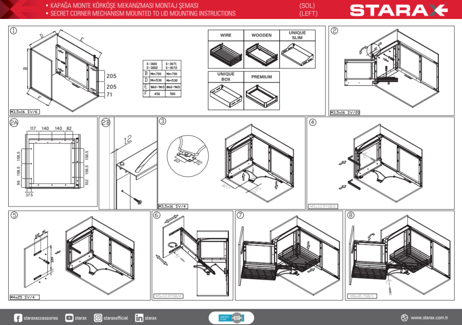 Starax S-3073-C Kapağa Monte Körköşe Mekanizması Sol 50 cm Krom