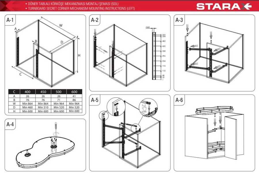 Starax S-3123-C Döner Tablalı KörKöşe Mekanizması Sol Krom